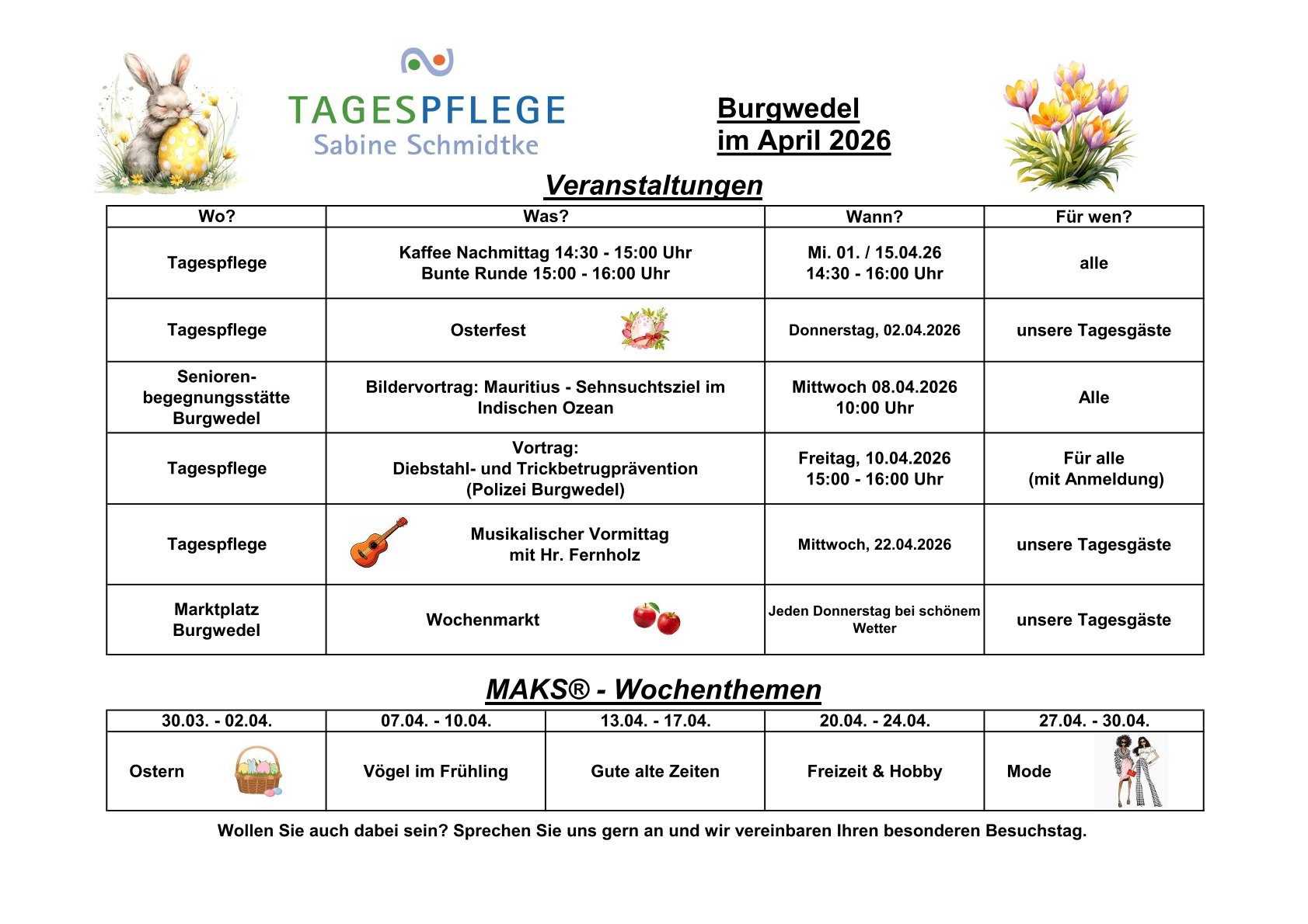 April-Veranstaltungspläne Burgwedel und Burgdorf